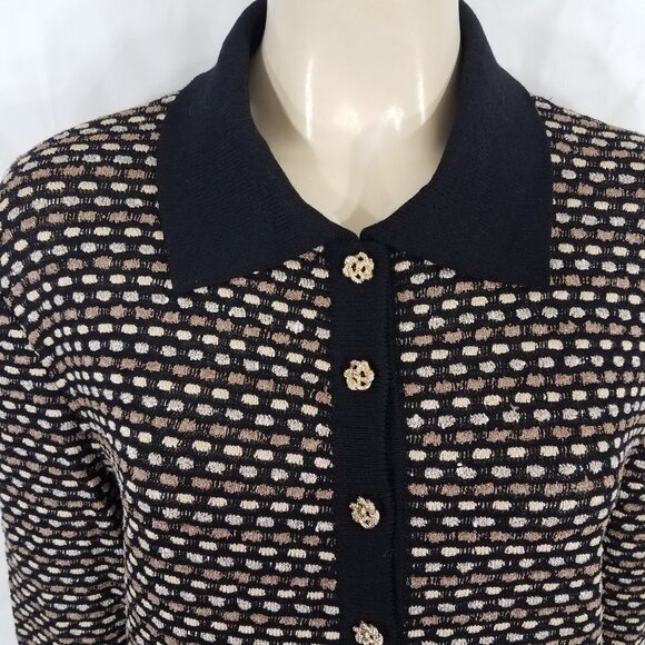 St. John Collection black tan gold buttons cardigan jacket ladies size 12 - Picture 5 of 9
